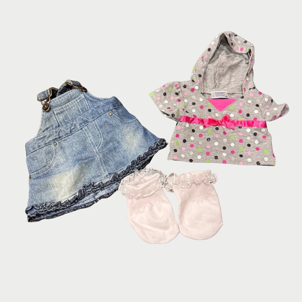 Build-A-Bear Denim Overall Dress, Gray Polka-a-Dot Hooded Top & White Socks